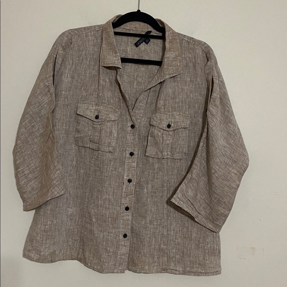 Lafayette 148 New York tan Shirt blouse linen casual office vacation button fall